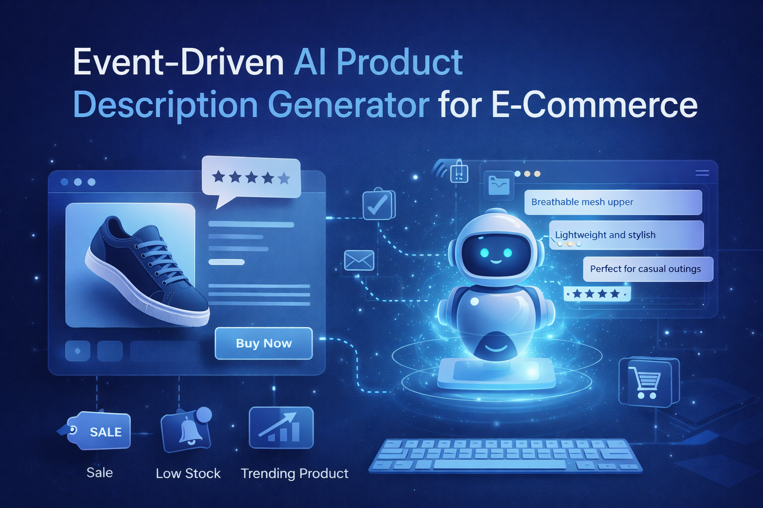 AI-generated ecommerce product descriptions displayed on multiple screens
